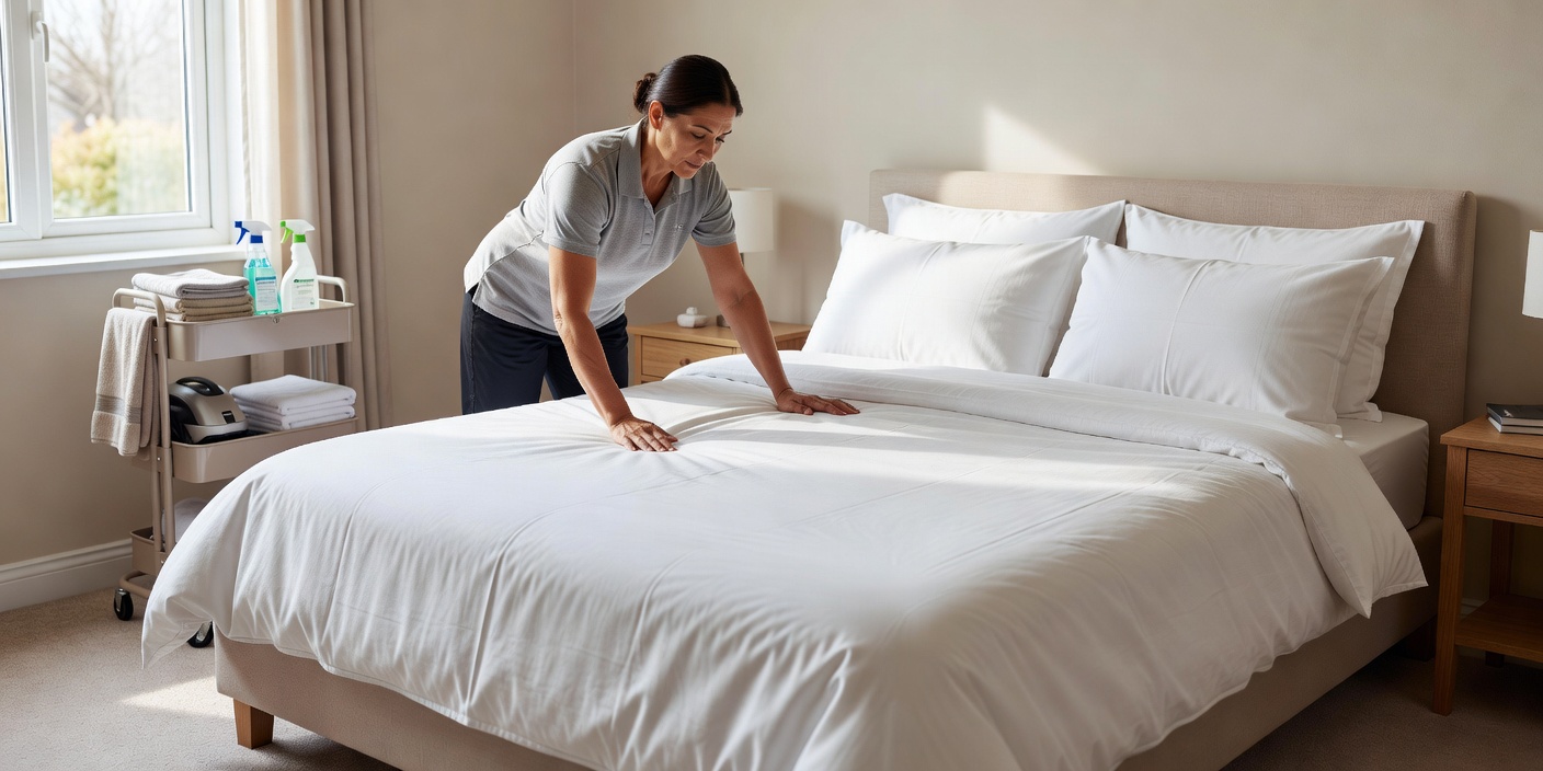 A cleaning professional smoothing sheets on a freshly made rental bed
