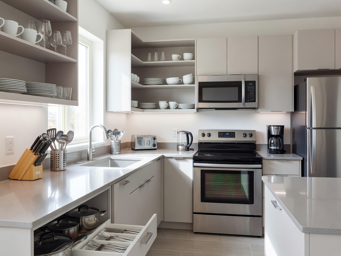 A fully restocked, clean kitchen in an independent short-term rental